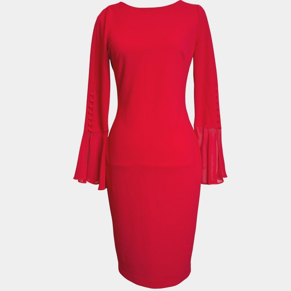 Calvin Klein Sheath Dress Red Size 4 Bell Sleeve Button Detail Cocktail Career